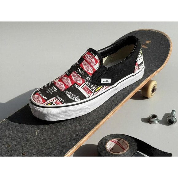 Vans Shoes - Vans Classic Slip-On Sneakers Black True White Logo Print Men's 5/ Women's 6.5